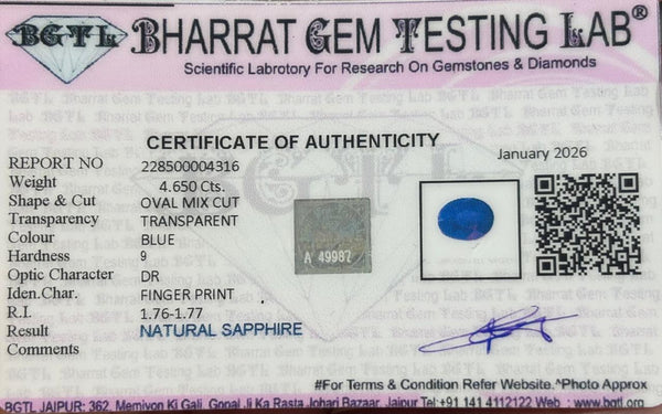 Blue Sapphire (Neelam)- 4.65Ct