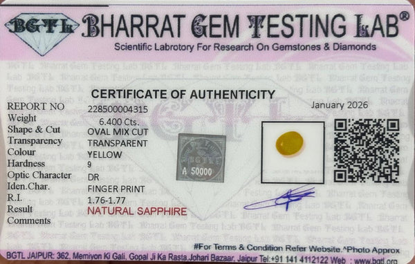 Yellow Sapphire (Pukhraj) – 6.40 Carats